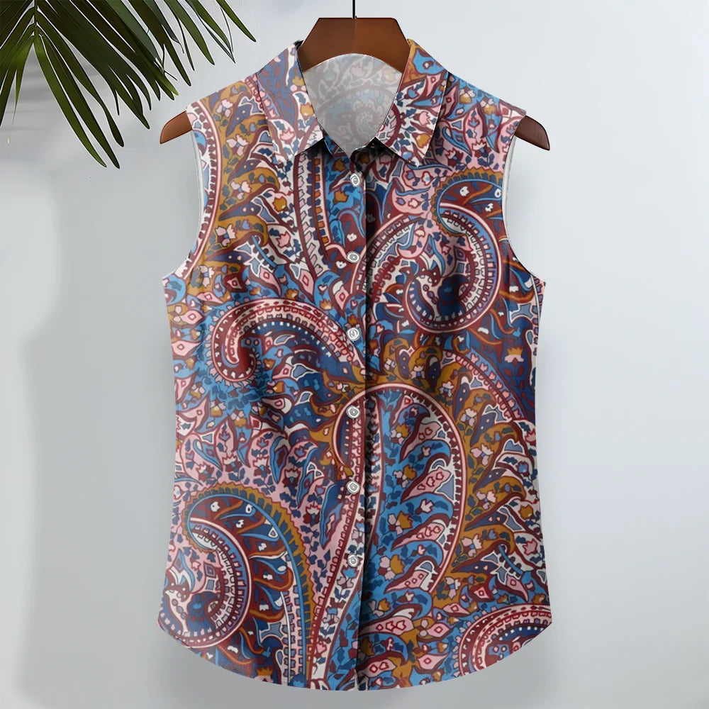 Ethnic Style Men's Shirts Cashew Flower Print Sleeveless Lapel Tops Hawaiian Shirt For Men Casual Vintage Oversized Men Clothing