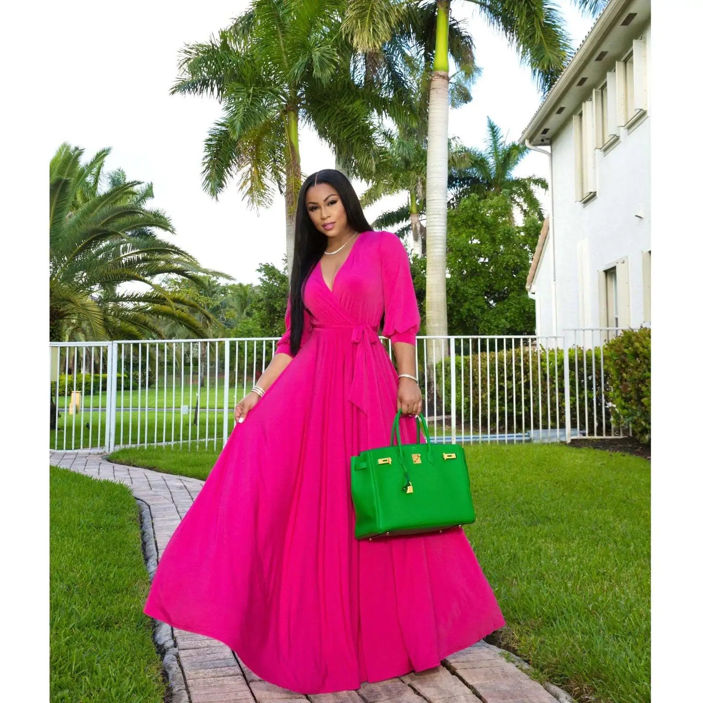 CM.YAYA Elegant Women Wraped V-neck Long Sleeve with Sashes Maxi Long Dress Chic INS Sexy Party Prom Big Swing Pink Dresses