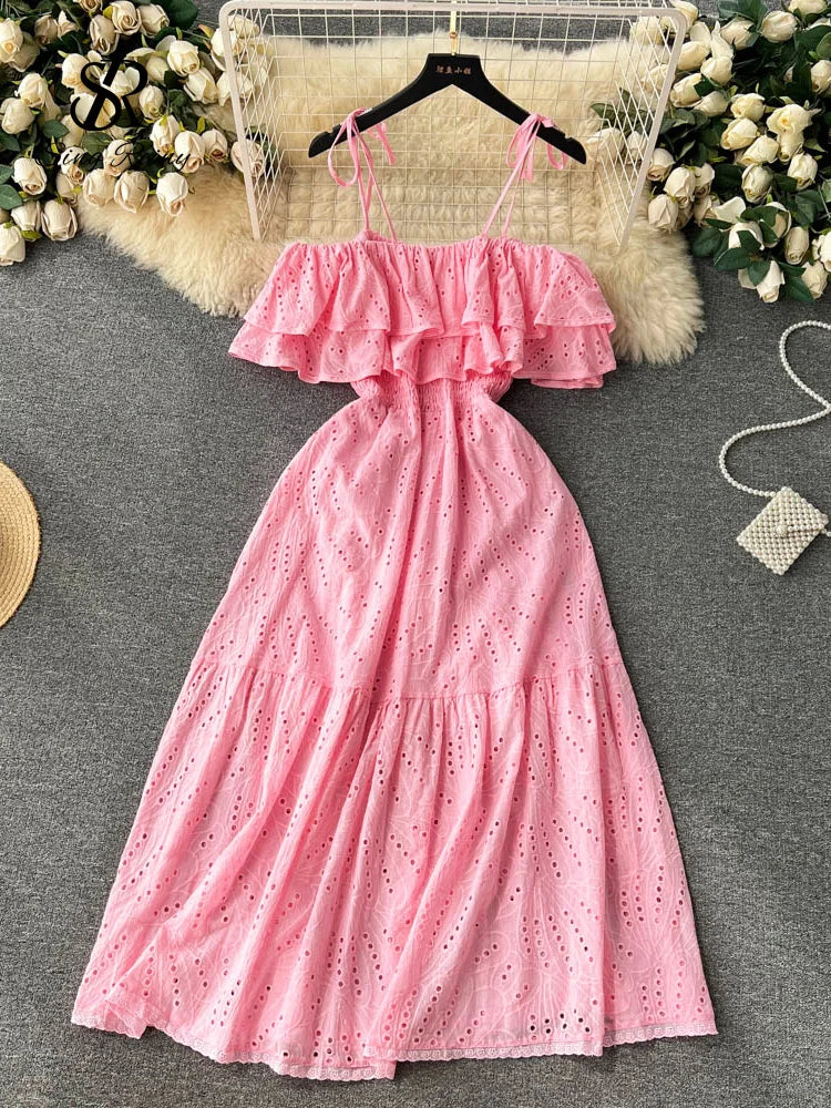 SINGREINY High Street Cotton Embroidery Long Dress Women Hollow Out Backless Beach Sundress Fashion Off the Shoulder Sexy Dress