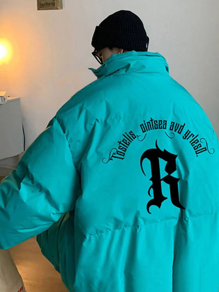 Gmiixder Men's Winter Punk Letter Parkas Hip Hop Oversize Thickened Down Jacket Oversize Padded Jacket Cool Bread Zipper Up Coat