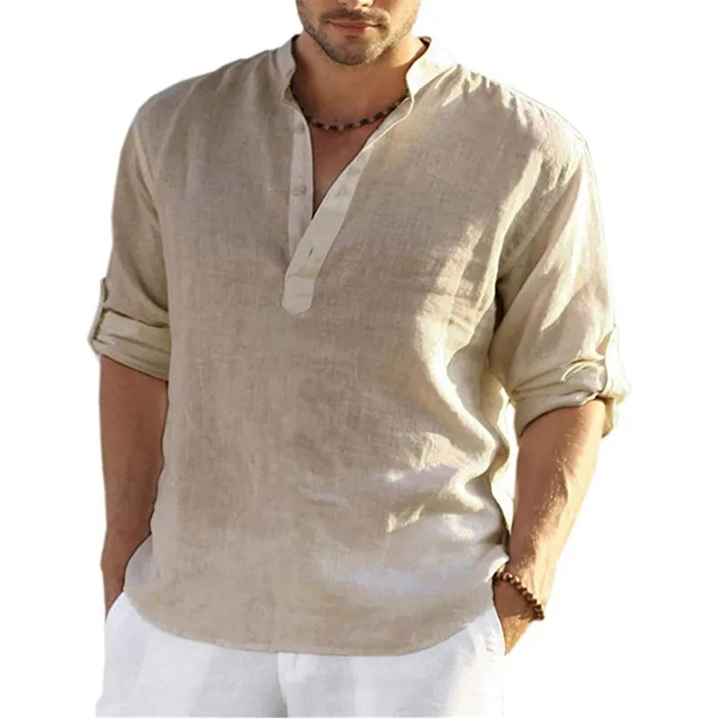 1pcs Summer Men Lightweight Shirt Male Long Sleeve Cotton Linen Shirts Beach Loose Fitting Shir Men's Breathable Collar T Shirt