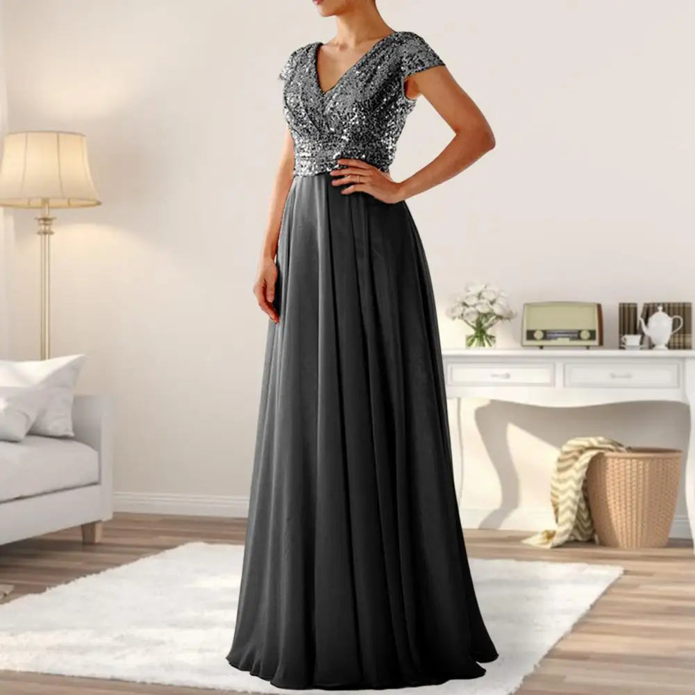 Elegant Sequins Chiffon Dress For women V Neck Pleated Hem Female Sequins Chiffon Prom Cocktail Long Dress Wedding Evening Dress