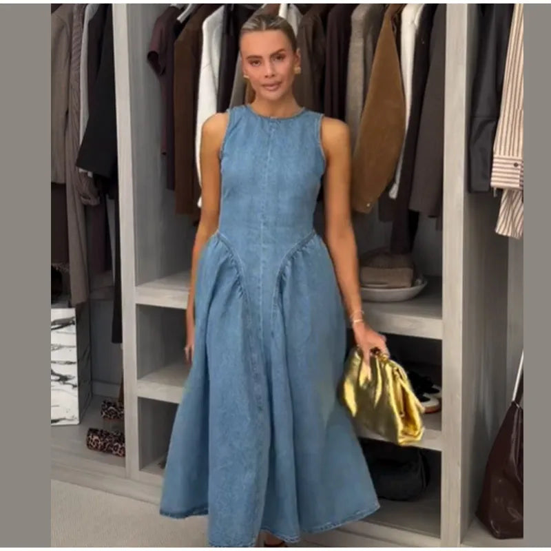Women Blue Denim Pleated High Waist A-line Long Dress Sexy Backless Sleeveless Lace-up Vestidos Elegant Street Party Dresses