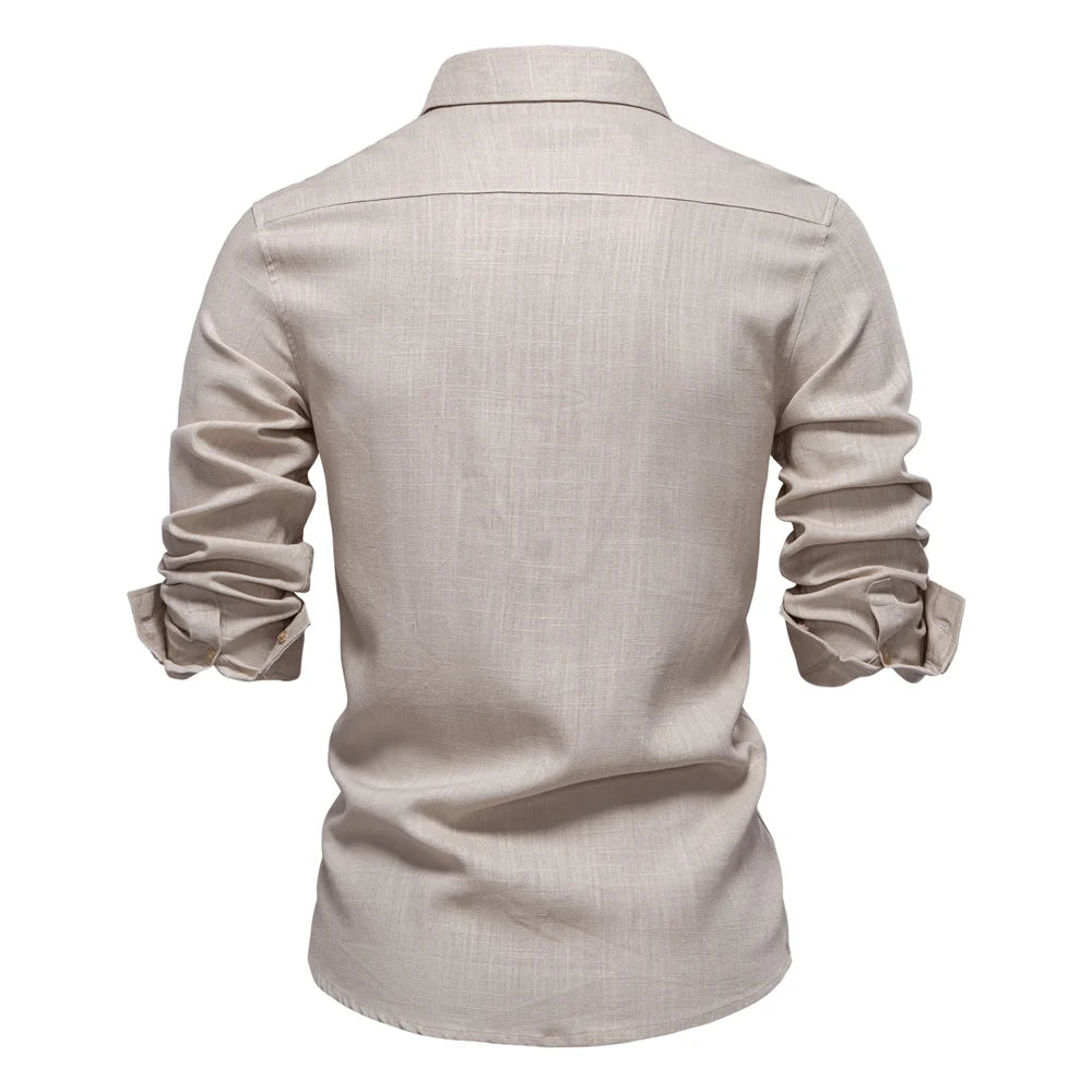 2025 New Design Men's Solid Color Linen Long Sleeve Shirt - Casual Button-Down Collar Shirt for Men