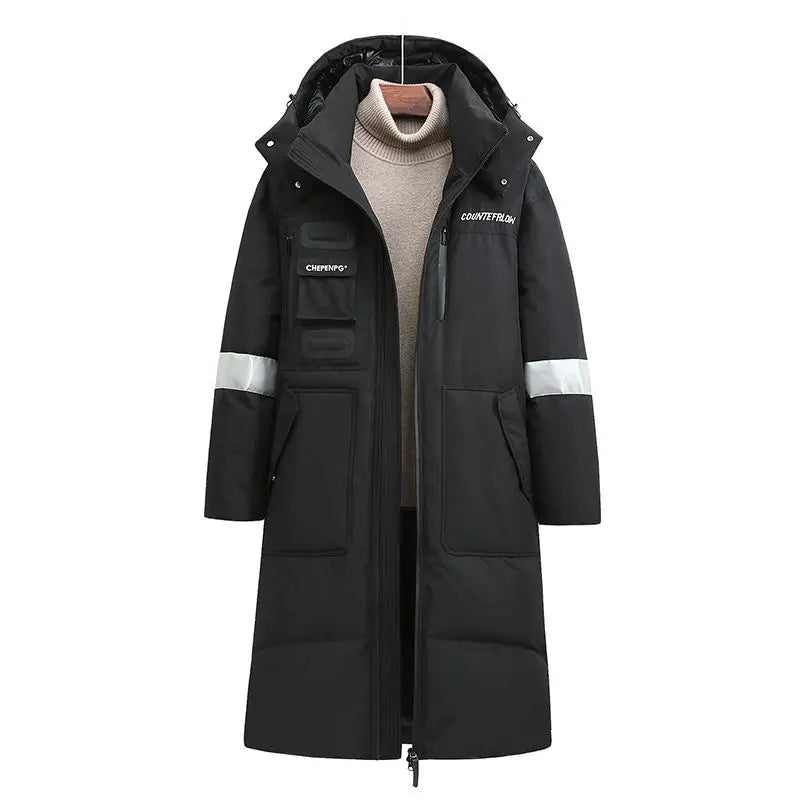 Gmiixder 2023 New Over Knee Down Coat Men's Mid Length Couple Thickened Multi Pocket Parkas Youth Work Wear Winter Long Jacket