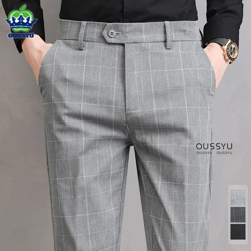 High Quality Summer Thin Plaid Pattern Formal Dress Pants Men Slim Business Work Office Party Korea Skinny Casual Trousers Male
