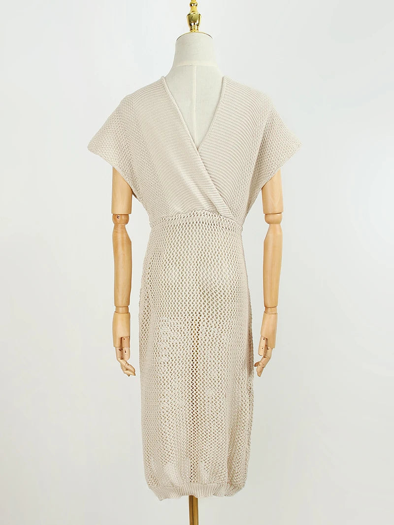 2024 White Crochet Tunic Bikini Cover-ups Sexy Hollow Out Long Dress V neck Women Summer Clothes Beach Wear Knitted Cover Up