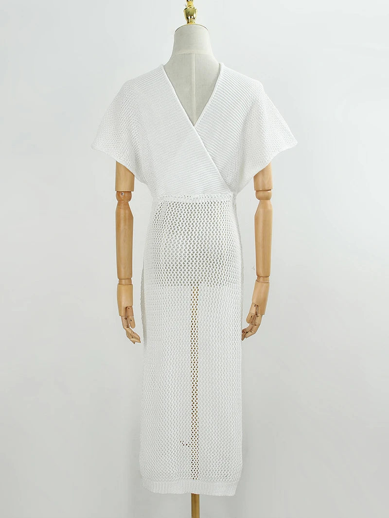 2024 White Crochet Tunic Bikini Cover-ups Sexy Hollow Out Long Dress V neck Women Summer Clothes Beach Wear Knitted Cover Up