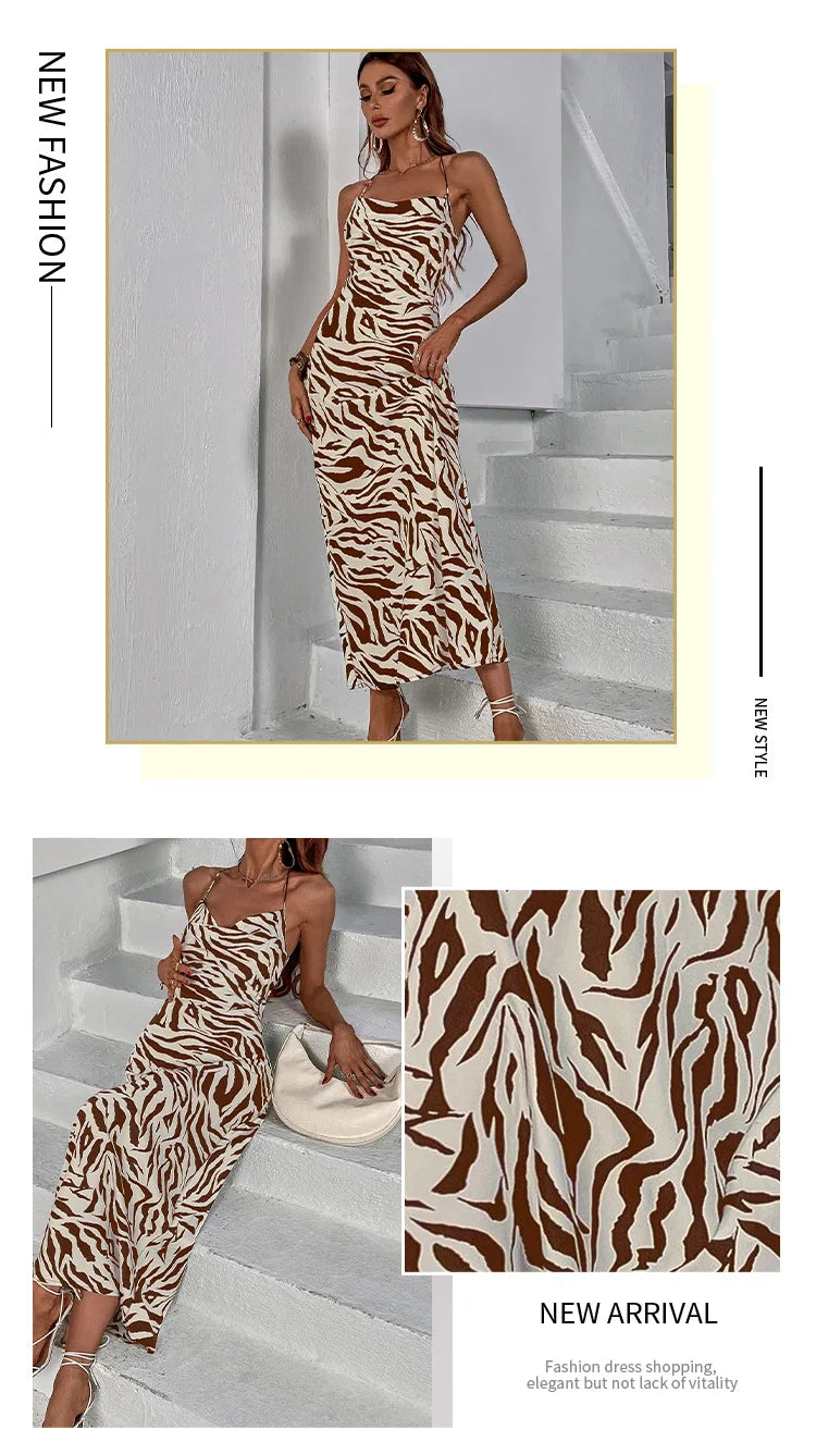 Women Sundress Summer Women Leopard Print Sexy Halter Beach Long Dress Backless Elegant Dresses Casual Resort Style Clothes