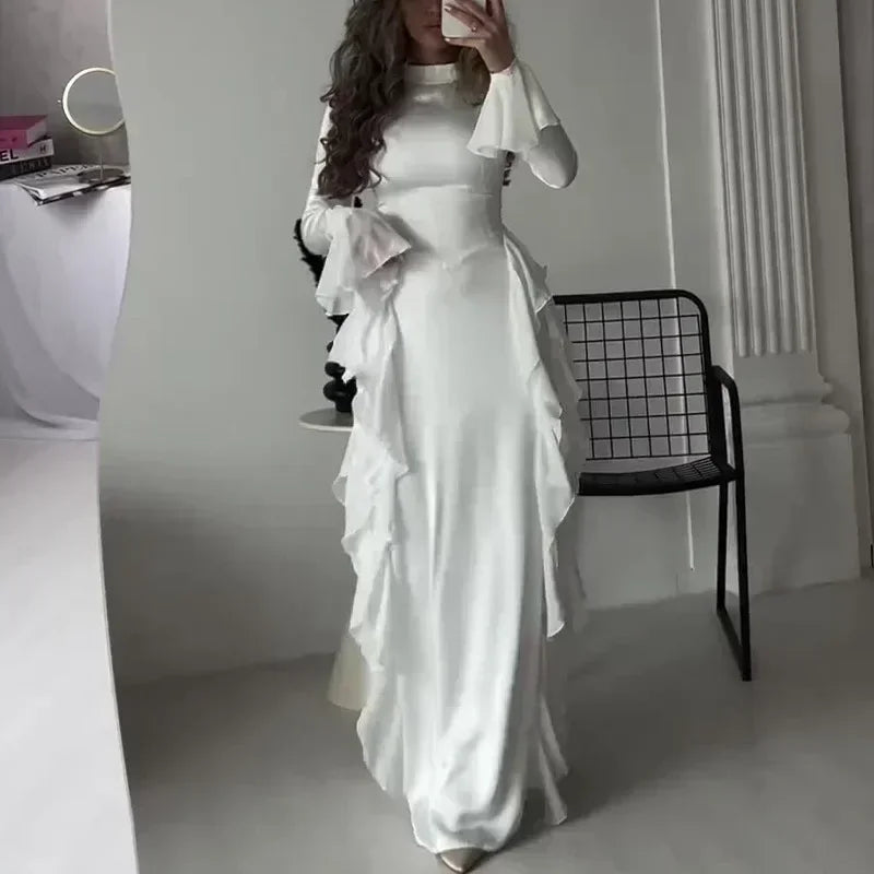 Women High Collar Flare Sleeve Ruffles Long Dress Sexy White Long Sleeves Lace-up Slim Dresses Elegant Evening Party Runway Club