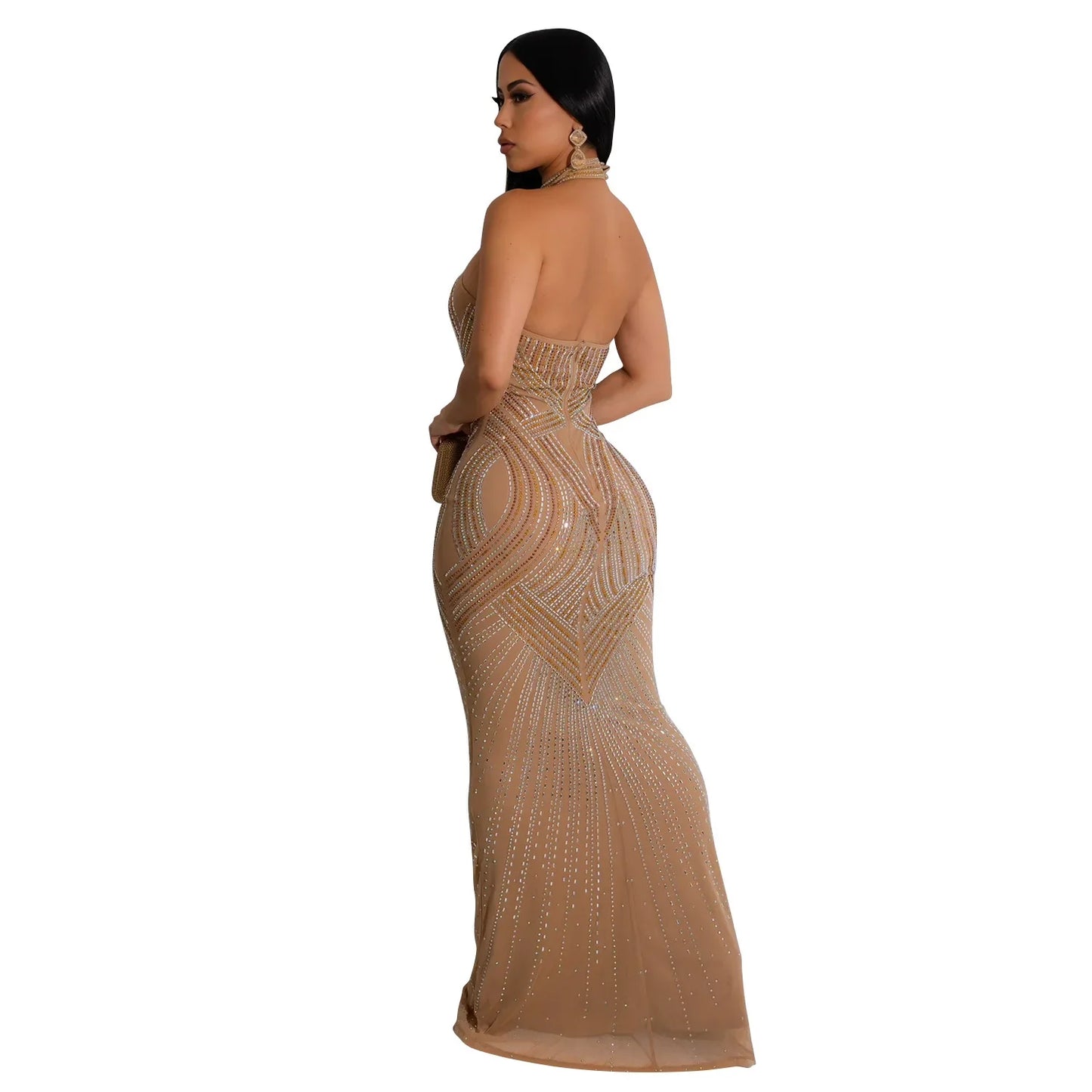 Fashion Women's Wear Solid Color Mesh Hot Rhinestone Halter Maxi Dress Sleeveless Formal Evening Long Dress Skinny Slim