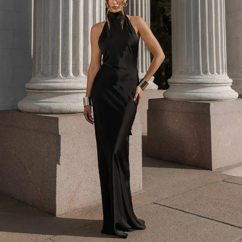 Robes Woman Elegant Solid Satin Party Dresses Spring Halter RIbbons Backless Maxi Dress Summer Hollow Sleeveless Slim Long Dress