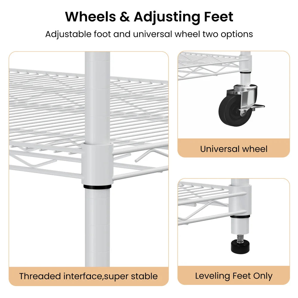 Warehouse supermarket kitchen other 5-layer heavy-duty adjustable shelves with wheels  adjustable feet  frame bearing 300 pounds