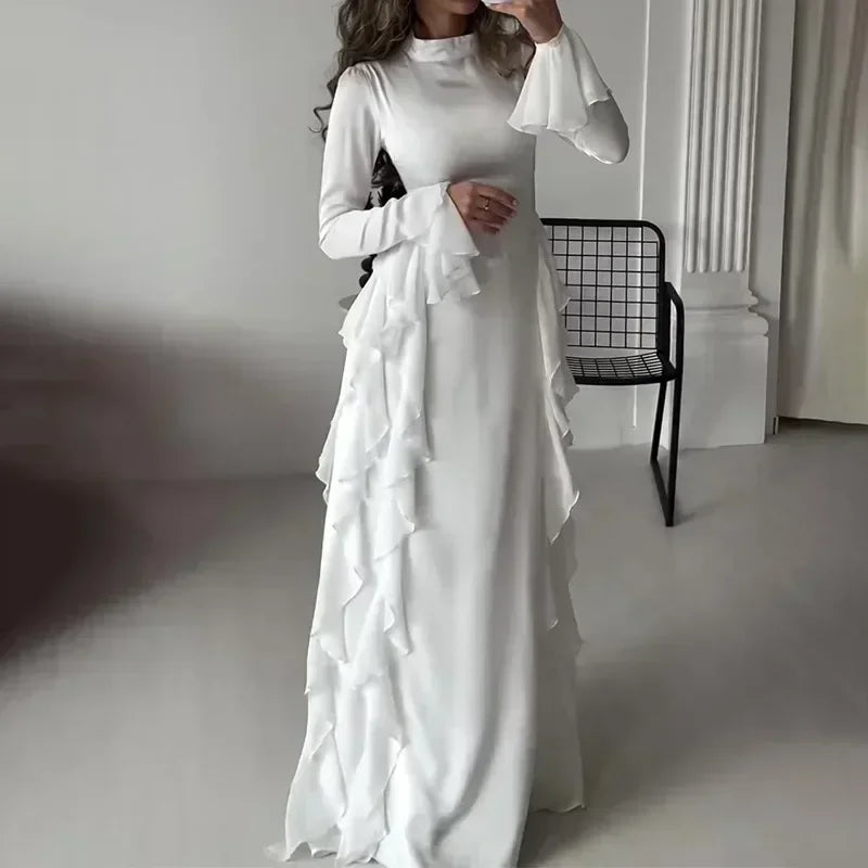 Women High Collar Flare Sleeve Ruffles Long Dress Sexy White Long Sleeves Lace-up Slim Dresses Elegant Evening Party Runway Club
