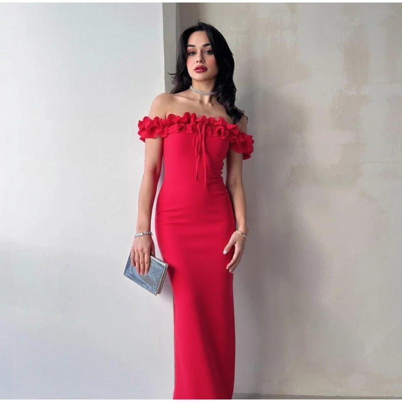 Sexy Off Shoulder Ruffles Women's Dresses Fashionable Lace Up Solid Slim Fit Long Dress Female Summer Beach Holiday Party
