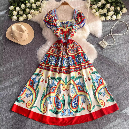 2024 New Summer Women Sexy Slash Neck Short Sleeve Slim Long Dress Fashion Vintage Print Ruffles Floral Maxi Pleated Vestidos