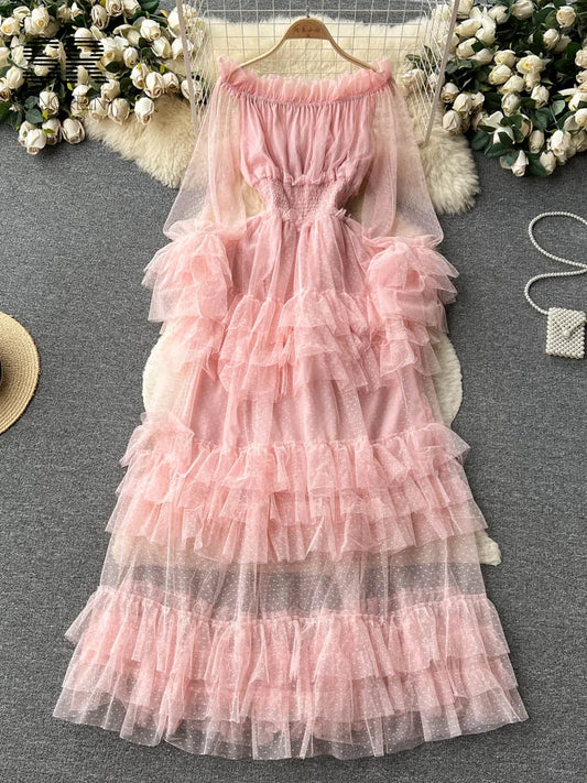 SINGREINY Mesh Party Long Dress Women Ruffle Long Sleeve Slash Neck Elastic Waist French Ladies Summer Elegant A Line Dresses