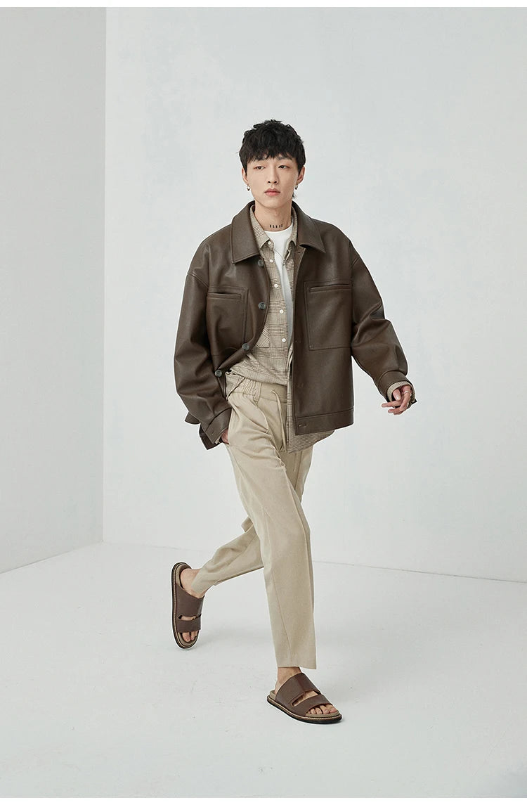 Mauroicardi Spring Autumn Short Oversized Brown Black Soft Faux Leather Jackets for Men Pockets Long Sleeve Korean Fashion 2022