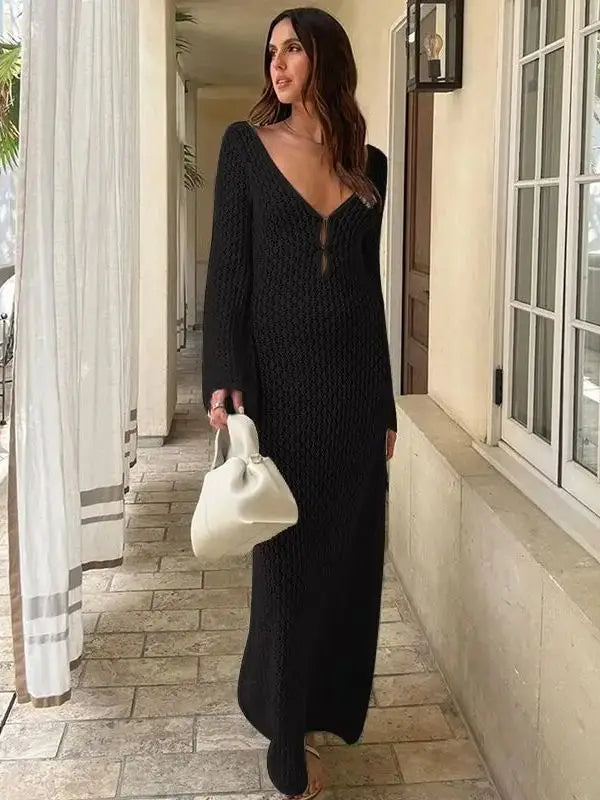 Sexy Cover Up Long Sleeve Long Dress Women Backless Beach Wear Bathing Suit Knitting Swimwear knitted Beach Dress Tunic Robe