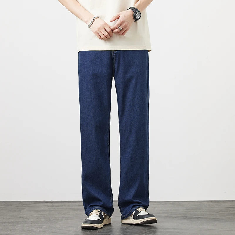 Summer Thin Men's Lyocell Loose Straight Jeans Soft Drape Ice Silk Casual Wide Leg Denim Trousers Fashion Korean Streetwear