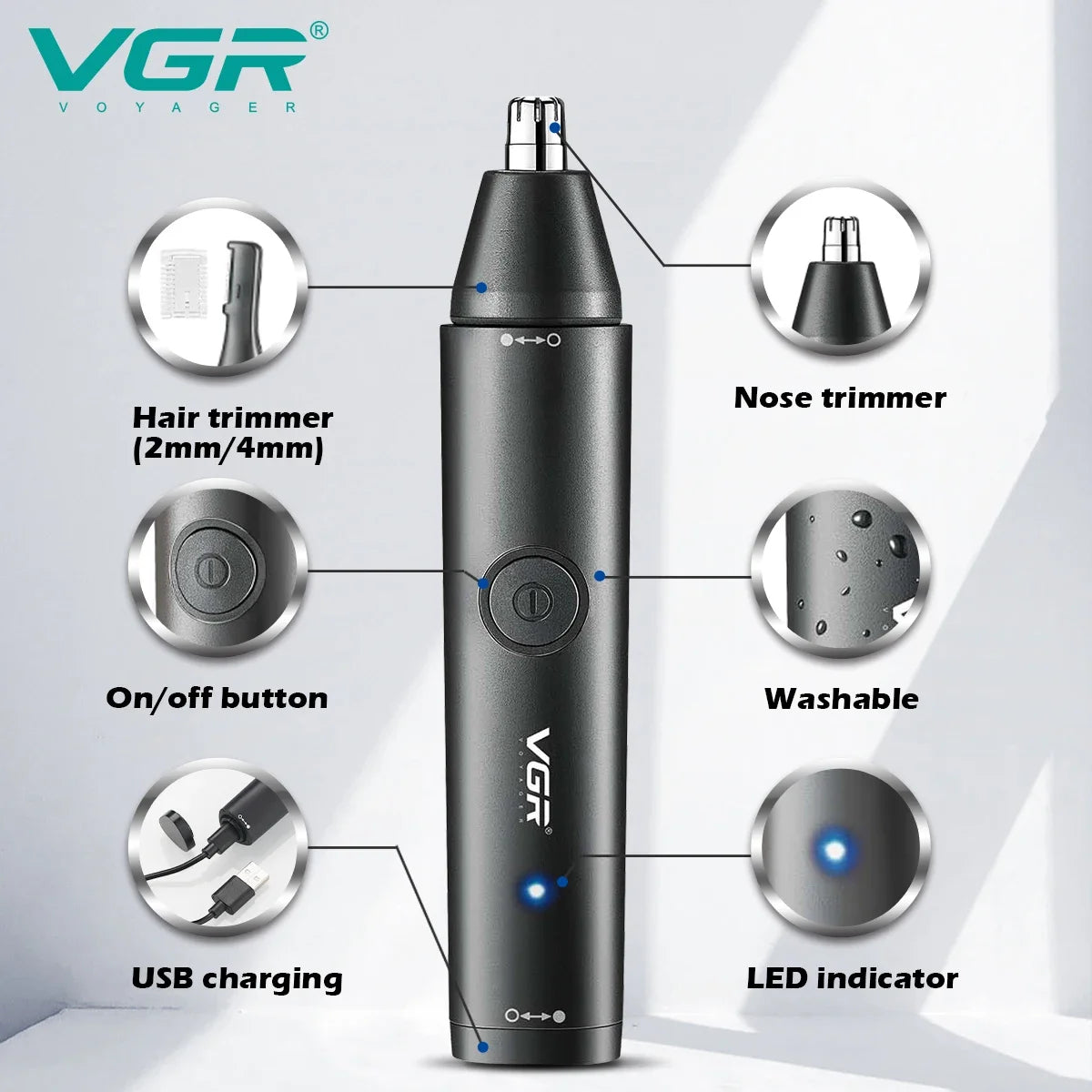 VGR Washable Nose Hair Trimmer Beard Facial Hair Trimer Eyebrow Electric Brow Nose Trimmer 2 In 1 Rechargeable V-613