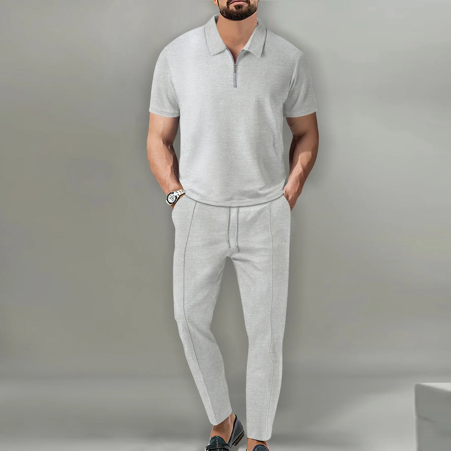 2025 New Men's POLO Shirt 2 Sets Casual Fashion Commercial Breathable Lapel, Pants pull rope Solid Color Men 2 sets
