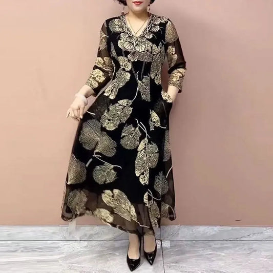 Female Clothing Vintage Leaf Printed Long Dress Elegant V-Neck Spring Summer New Casual 3/4 Sleeve Chic Diamonds A-Line Dresses