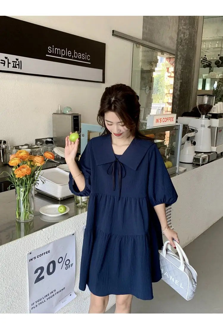 Vintage Pleated Lacing Loose Mini Dress Summer New Half Sleeve Solid Color Sweet Casual Dresses Fashion Korean Women Clothing