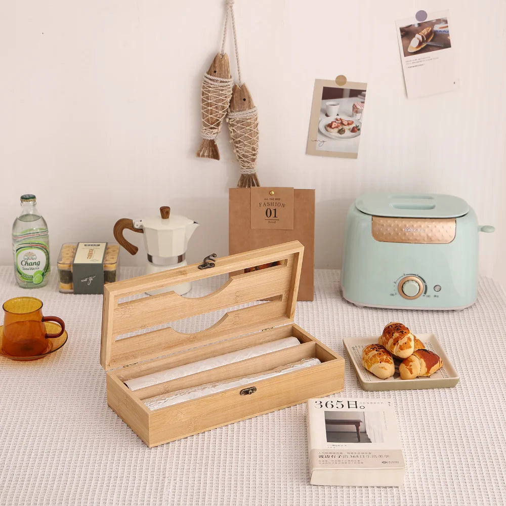 New 3 In 1 Bamboo Wrap Dispenser Storage For Aluminum Foil With Cutter Cling Film Holder Kitchen Accessories Organizer