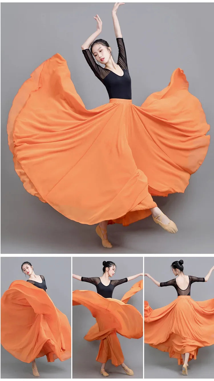 720 Degree Wide Dancing Skirt Chiffon Double Layer Semi-Long Dress Women's Solid Color Xinjiang Dance Skirt