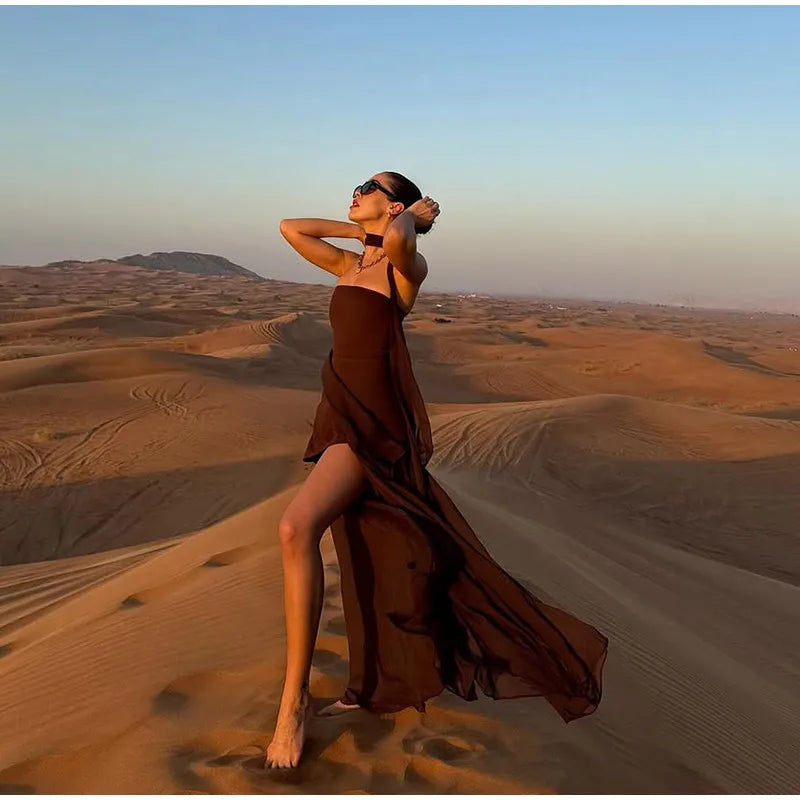 Elegant Yellow Gauze Off Shoulder Scarf Neack Long Dress Women Fashion Sleeveless A-line Vestido 2025 Summer Vocation Party Robe