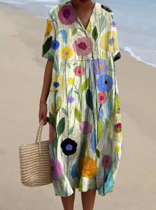 Summer Women Print Dress New Fashion V Neck Short Sleeve Loose Holiday Casual Dresses Female Beach Party Vestidos Robe Femme