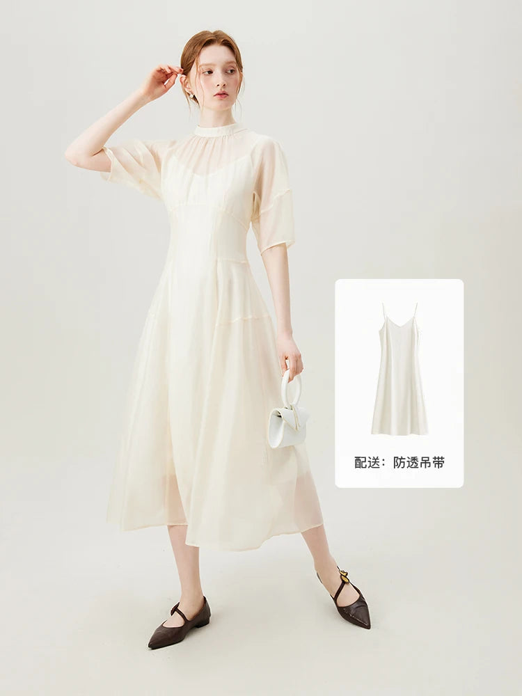 FSLE Women Long Dress Summer Temperament Two Piece Beige Dress Lyocell Short Sleeve Dress+Sleeveless Vest Dress Suit 24FS12929