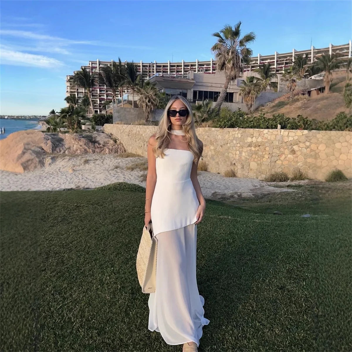 Fashion Strapless Dress With Ribbon Female Elegant Sleeveless Patchwork Mesh Beach Vacation Long Dress 2025 Summer New Dress
