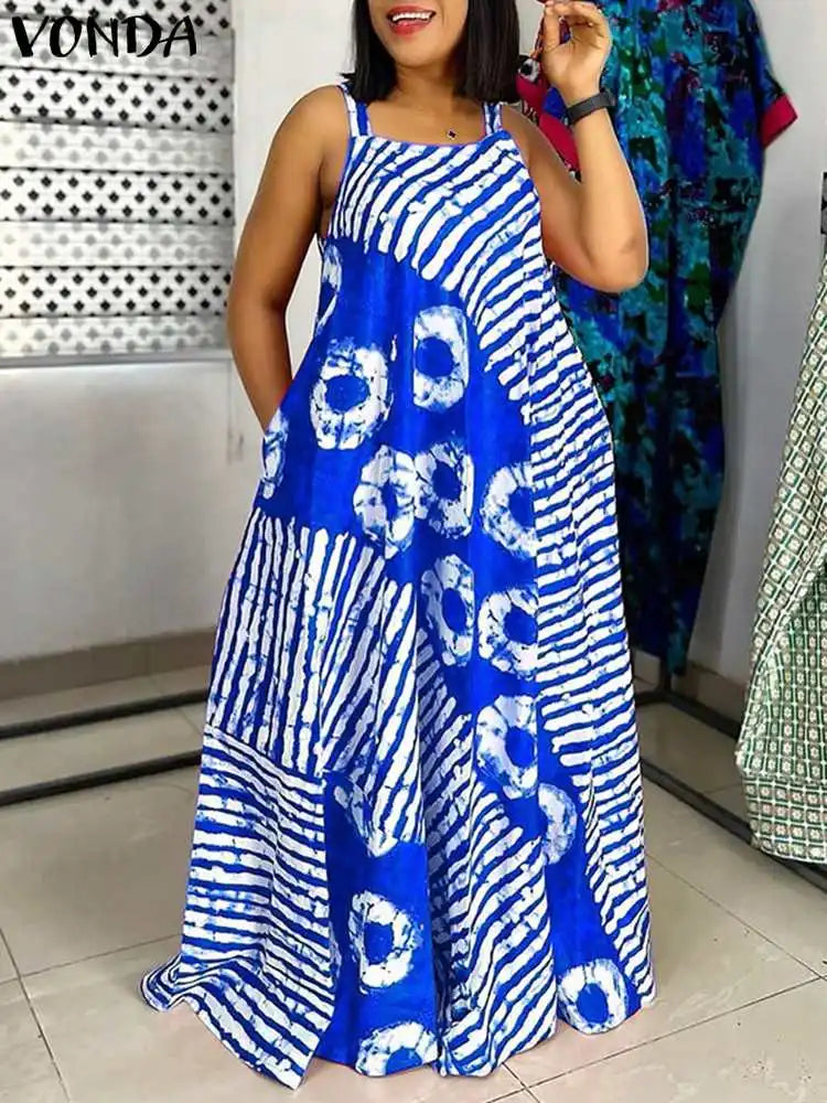 Plus Size Maxi Long Dress Bohemian Sleeveless Printed Party Sundress 2024 VONDA Summer Tank Vestidos Beach Loose Casual Robe