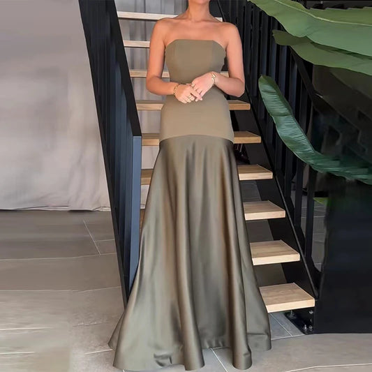 Women Sexy Off Shoulder Bustier Bodycon Dress Summer Casual Sleeveelss Solid Long Dress 2024 Elegant Patchwork Waist Party Dress
