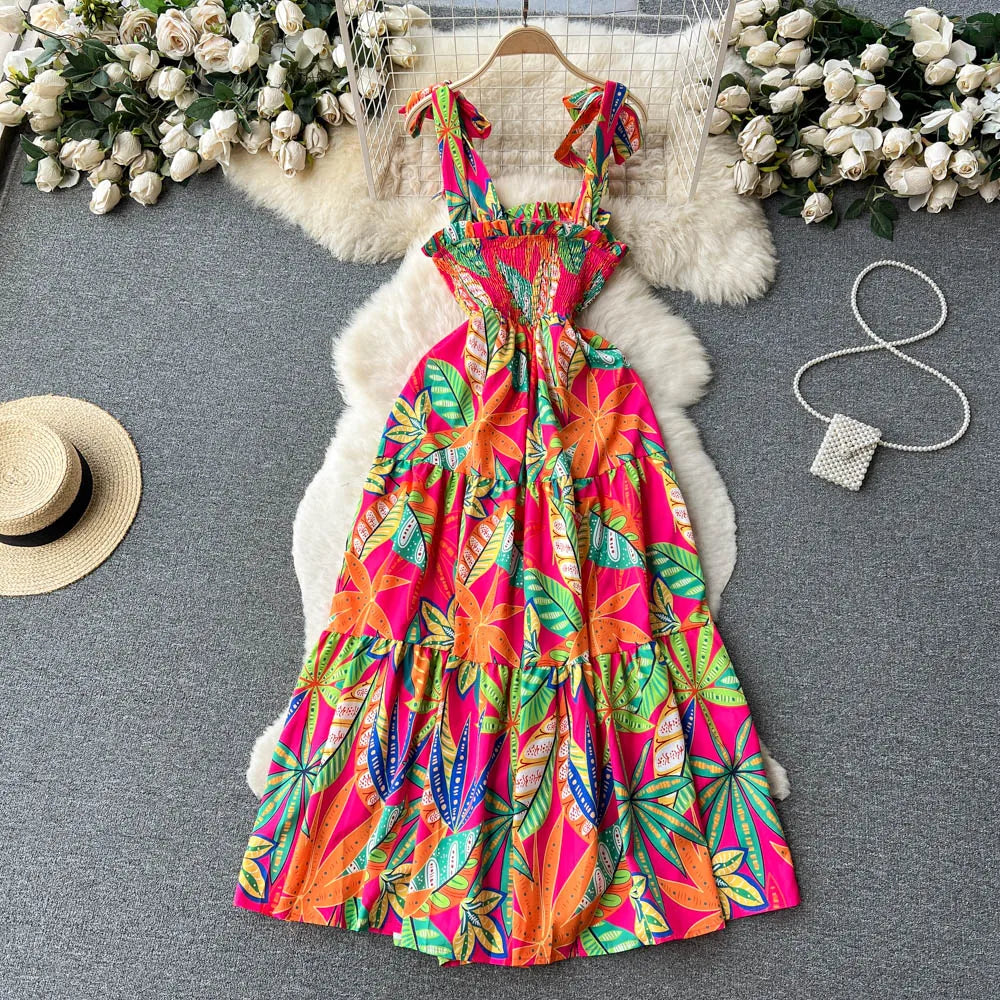 SINGREINY Summer Vacation Spaghetti Strap Long Dress Women Sleeveless Ruched Elastic Backless Dress Floral Print Beach Sundress