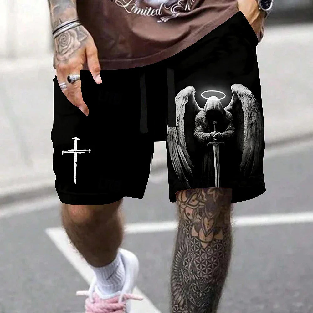 Men's swimming trunks retro 3D cross angel print beach shorts quick-drying outdoor leisure sports shorts swimwear fashion shorts