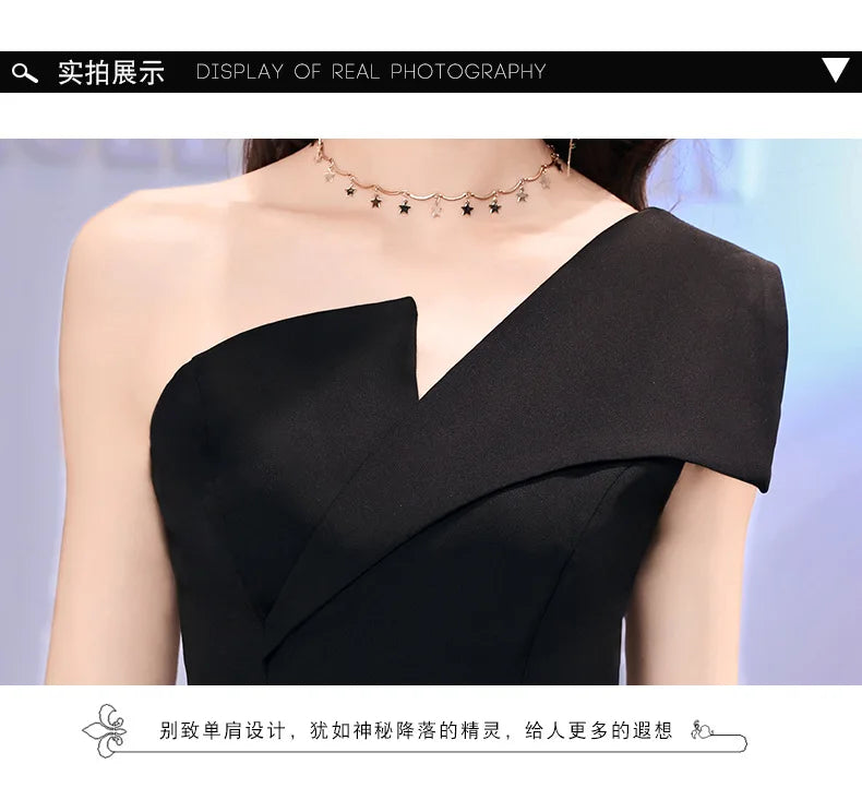 Host evening dress, light luxury, niche one shoulder black long dress, fishtail, one shoulder dress, female