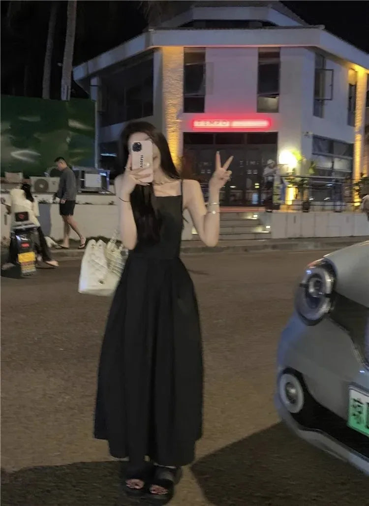 French Style Sexy Open-Back Blue Tank Dress Women's Summer Vacation Beach A- Line Long Dress Beach Vacation Dress