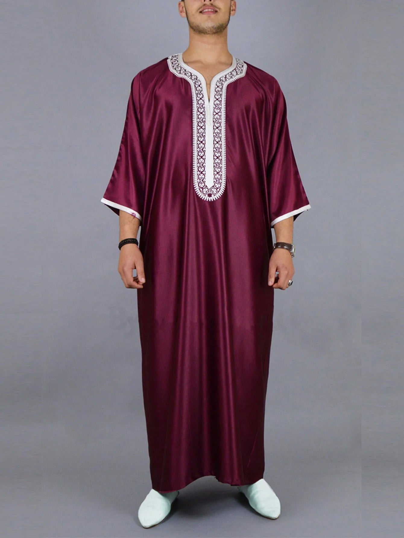 New Moroccan Green Arab Robe for Men Traditional Islamic Casual Clothing Embroidered Muslim Robe