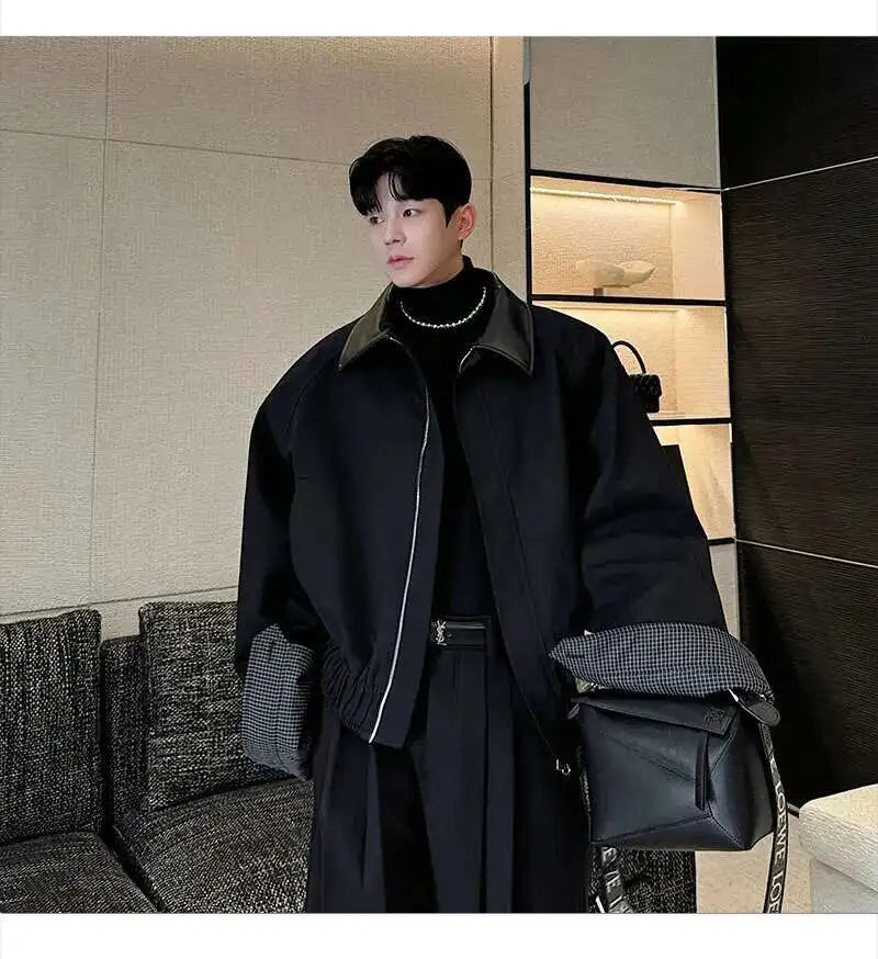 LUZHEN 2025 Spring Design Leather Collar Trendy Jacket Personalized Handsome Trendy Classy Versatile Color Contrast Tops LZ8146