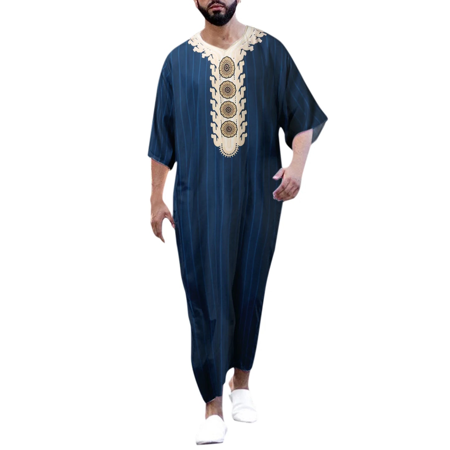 Men Muslim Summer Fashion Loose Robe Islam Kaftan Men Clothing Dubai Luxury Muslim Abaya Muslim V-neck Short Sleeve Printing