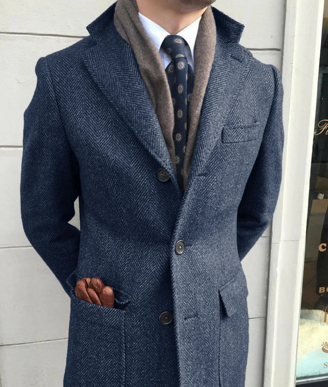 Men's Windbreaker Classic Herringbone Tweed Wool Blend Suit Jacket Winter Warm Long Coat Outdoor Sports Coat erkek mont