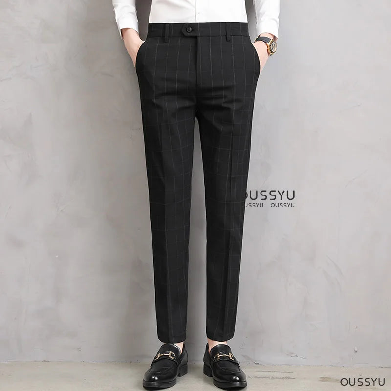 High Quality Summer Thin Plaid Pattern Formal Dress Pants Men Slim Business Work Office Party Korea Skinny Casual Trousers Male