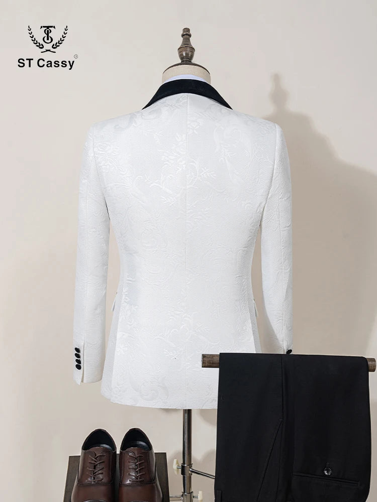 ST Cassy High Quality luxury Retro carving Party Dress Slim Fit Tuxedo Prom Suit Fashion white Male Groom Wedding three-piece