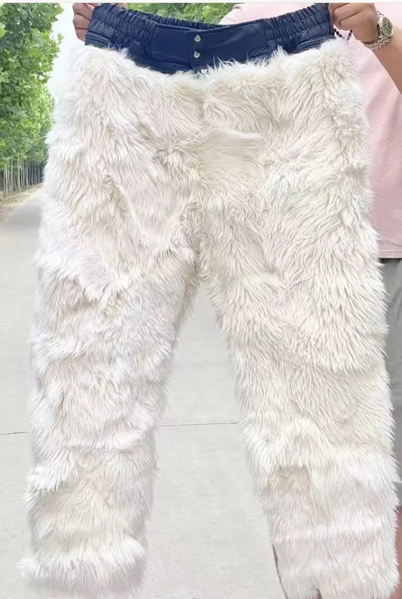 Real Wool Pants High Waist Thicken Thermal Trousers Inner 100% Sheepskin Hair Warm Pant Middle Aged Elderly Father Winter Pants