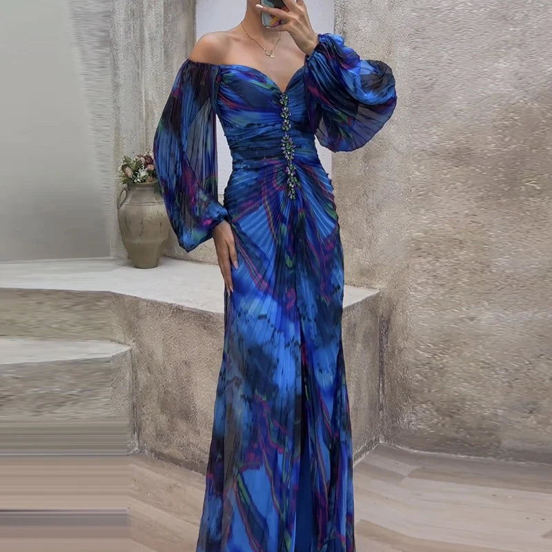 Casual Lantern Long Sleeve Big Hem Long Dress Vintage Tie-dye Print Pleated Party Dress Women Sexy Deep V-neck Waist Split Dress