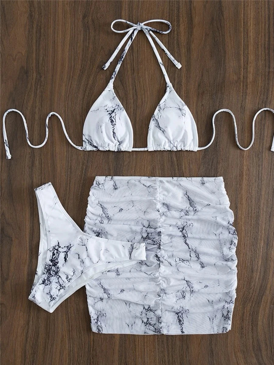 3 Pieces Thong Bikini Set With Skirt Marble texture Bathing Suit Women Swimsuit Set Female Swimwear Beach Wear Swimming Summer