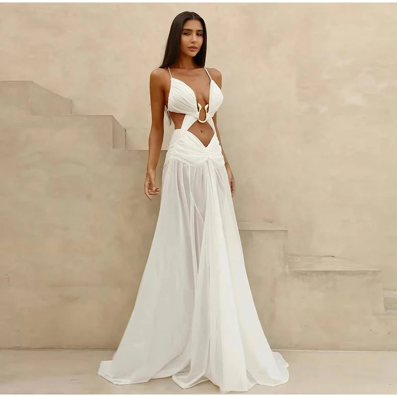 Metal Decorative Halter Long Dress Woman Hollow Out Backless Solid Color Pleated Robe Vacation Beach Women's Perspective Dresses